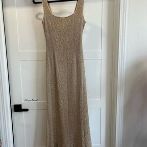 Betsy & Adam nude Tan lace floor length dress